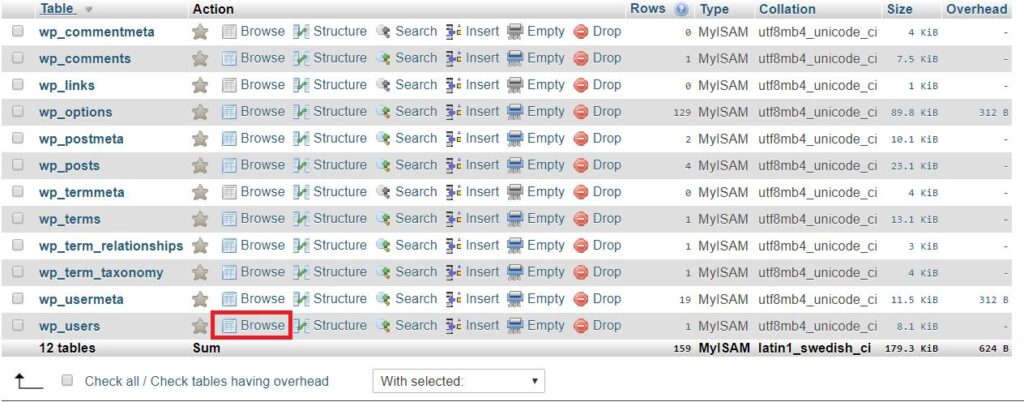 جداول پایگاه داده در سی پنل