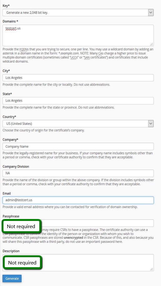 واردکردن اطلاعات گواهی SSL برای تولید کد CSR