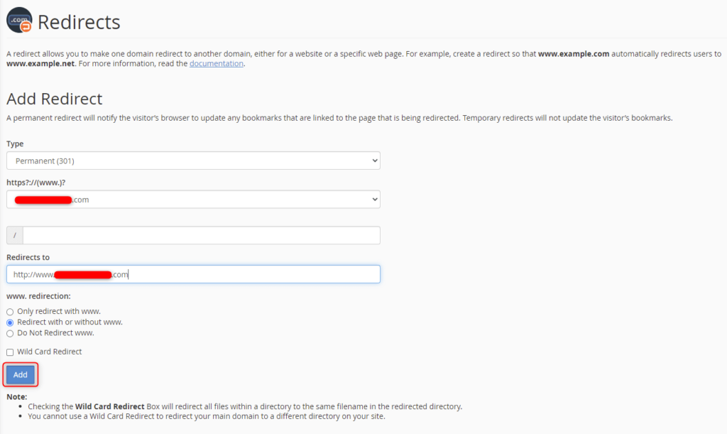  ریدایرکت دامنه در سی پنل